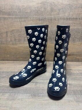 Norty Hurrican Navy Blue Paw Print Rain Boots Women's Size 9